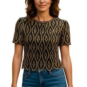 Stenay Black Gold Purple Silk Beads Sequins Vintage Top Shirt M